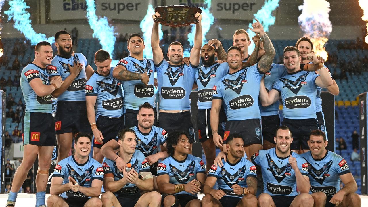 NSW celebrate winning the 2021 Origin series. The Blues could be forced into mass changes for 2022. Picture: NRL Photos