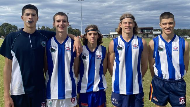 Sunshine Beach State High senior boys AFL players Bayley Crawford, Angus Castle, Tom McNally, Zak Crozier and Dane Larson.