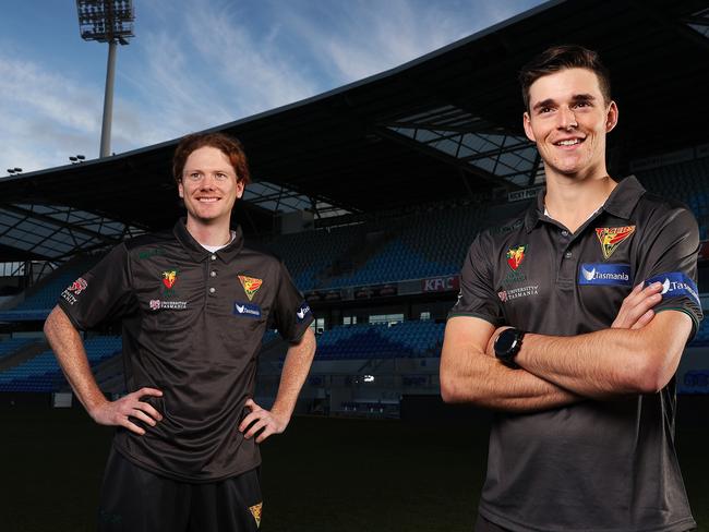 Darwin Eagles product Tom Andrews with fellow Tasmania recruit Tim Ward before the start of the 2020-21 season. Picture: Zak Simmonds