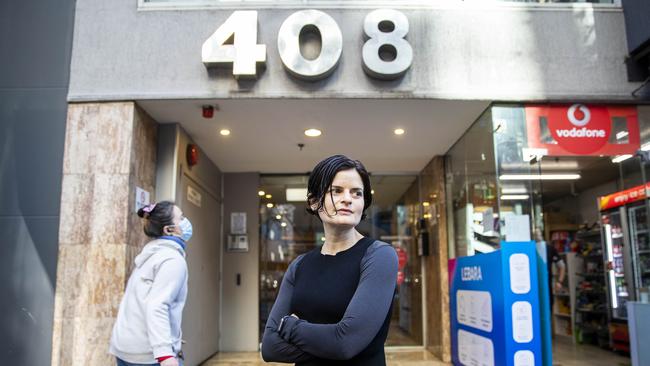 Sarah Paparo is irate residents at her apartment building are being exposed to medical waste from the neighbouring Novotel quarantine hotel. Picture: Aaron Francis