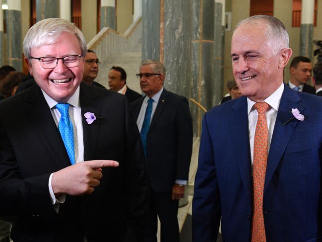 Former prime minister Kevin Rudd and Prime Minister Malcolm Turnbull at a breakfast to mark the 10th anniversary of the National Apology to Australia's indigenous people at Parliament House in Canberra, Tuesday, February 13, 2018. (AAP Image/Mick Tsikas) NO ARCHIVING