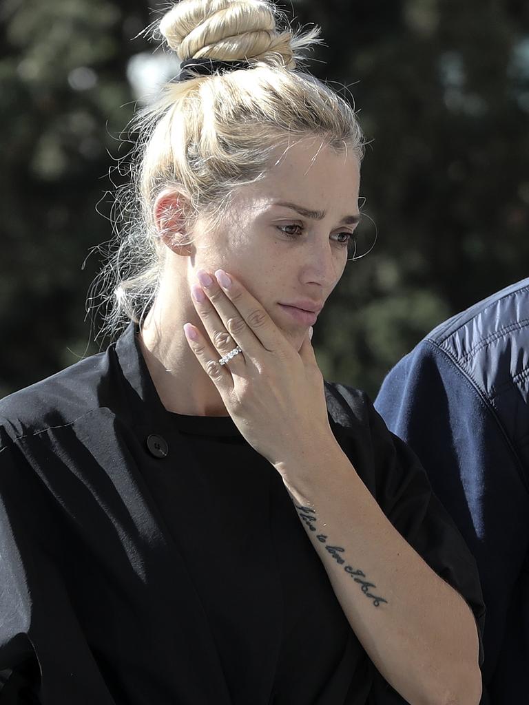 Viktoria Karida, wife arrives at an Orthodox church to attend John Macris’ funeral at Voula, a suburb south of Athens. Picture: AP