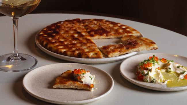 Whipped Cod Roe, Grilled Flatbread, Trout Roe. Picture: Jason Loucas.