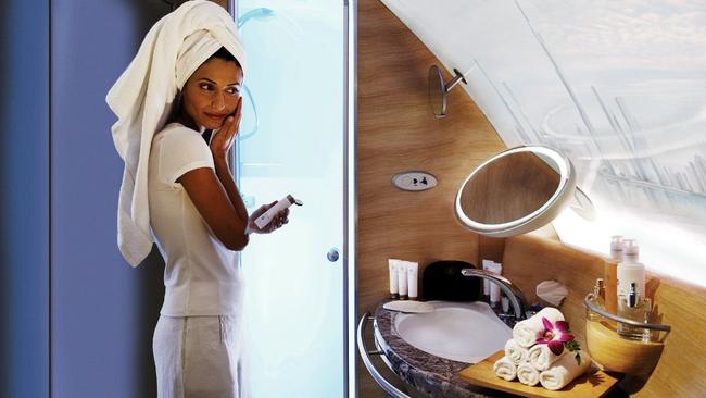 Inside Emirates first class, A380 shower spa.