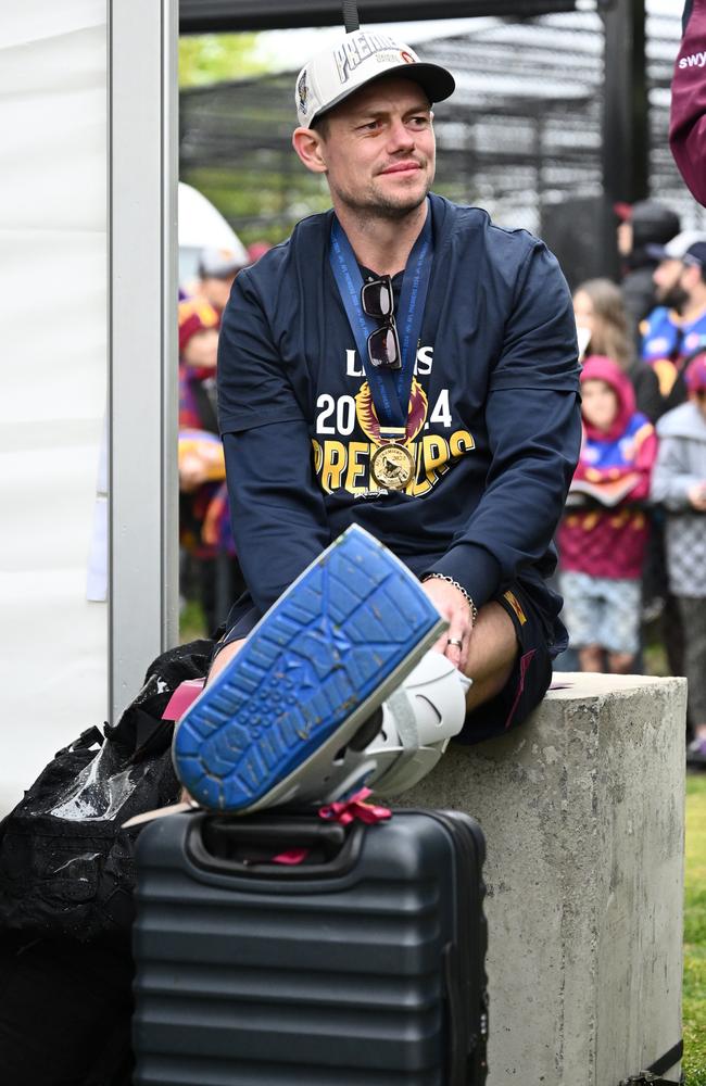 Lachie Neale was sporting a moonboot. Picture: Quinn Rooney/Getty Images