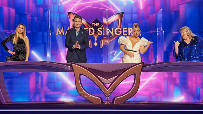 The Masked Singer guessers, Dannii Minogue, Dave Hughes, Jackie O and Urzila Carlson. Pic: Channel 10