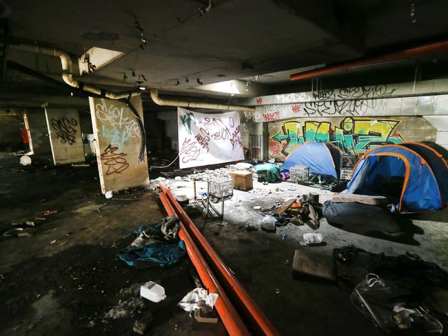 The conditions in which our City's’s homeless survive. A homeless lair that is an old underground carpark in the basement of an abandoned building on corner of Markwell Ave and Gold coast high way. Picture Mike Batterham