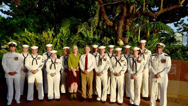 Commemoration dawn service for 80th anniversary of the Battle of the Coral Sea at Anzac Park, Townsville. Susan and Edwin McGlew the Third with part of the US Seventh Fleet Band. His father was aerial photographer Private Edwin McGlew Jr who was on board USS Lexington when the ship was scuttled east of Cardwell after the battle.