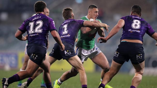 Charnze Nicoll-Klokstad had a mixed night for the Raiders, conceeding a try before scoring one himself late in the game. Picture: Getty Images.