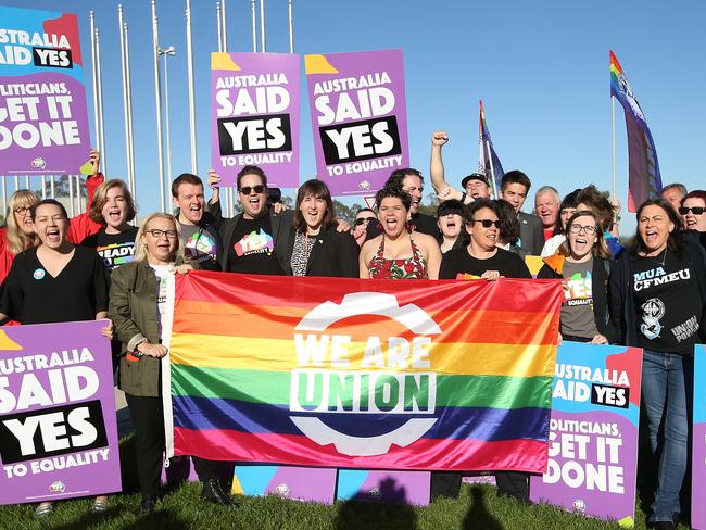 Marriage Equality supporters have gathered in Canberra today. Picture: Kym Smith