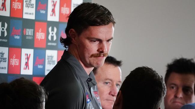 Joe Daniher speaks to the media with John Worsfold by his side. Picture: AAP