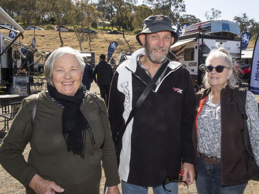 Sandra and Craig Wolski with Yvonne Brooks at the Queensland Outdoor Adventure Expo, Toowoomba Showgrounds. Friday, July 29, 2022. Picture: Nev Madsen.