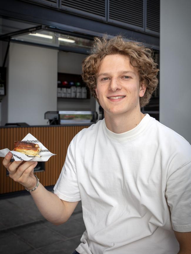 Tom Oswald at Homeboy, with his mother’s cinnamon scroll. Picture: Emma Brasier