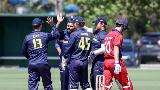 Darius D'Silva of Ringwood celebrates the wicket of Zane Keighran. Picture: George Salpigtidis