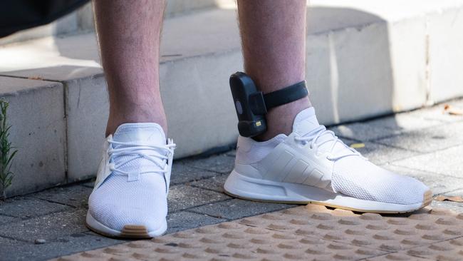 ADELAIDE/ KAURNA YARTA, AUSTRALIA - NewsWire Photos FEBRUARY 13, 2024: Ankle bracelets for electronic monitoring by police are seen being worn outside of Adelaide Magistrates Court. Picture: NCA NewsWire / Morgan Sette