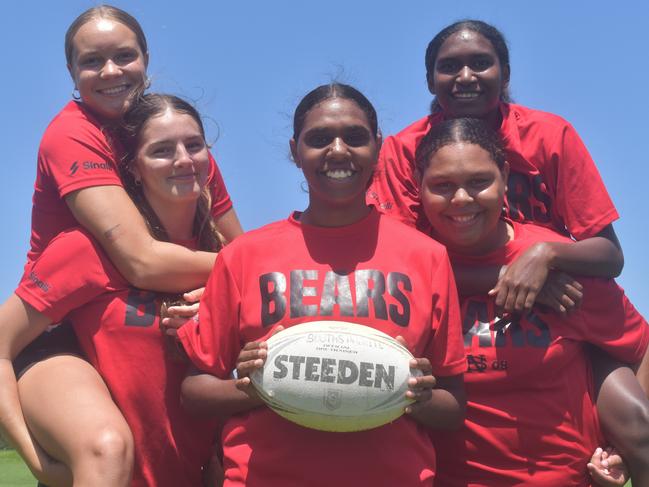 (Back) Charlize Barrett, Latisha Kaitap, (front) Shenae Cassidy, April Major and Lalita Kris of the NQ Sistas program who have joined the North Sydney Bears. Picture: Sean Teuma