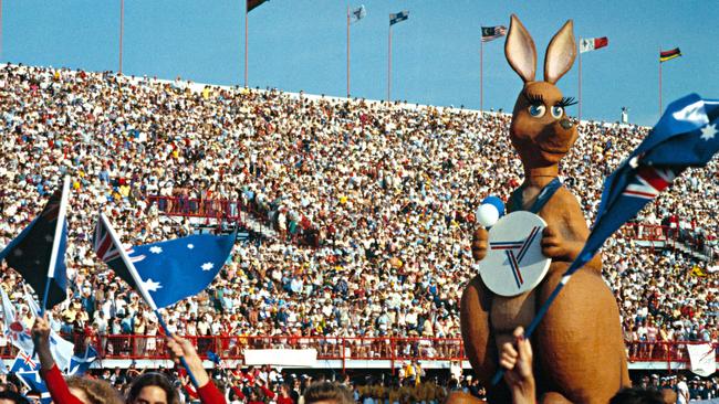 Commonwealth Games opening ceremony, Brisbane, 1982 with the games mascot 'Matilda'.Photo courtesy of National Archives of Australia NAA: