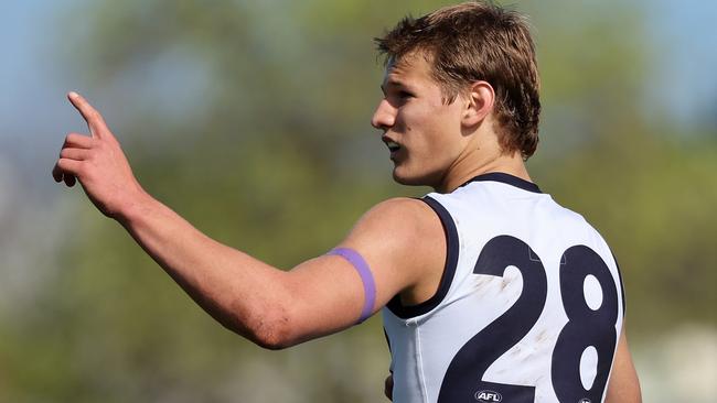 MELBOURNE, AUSTRALIA - AUG 18: Daniel Lowther of the Falcons in action during the 2024 Coates Talent League Boys Round 18 match between the Sandringham Dragons and the Geelong Falcons at RSEA Park on Aug 18, 2024 in Melbourne, Australia. (Photo by Scott Sidley/AFL Photos)