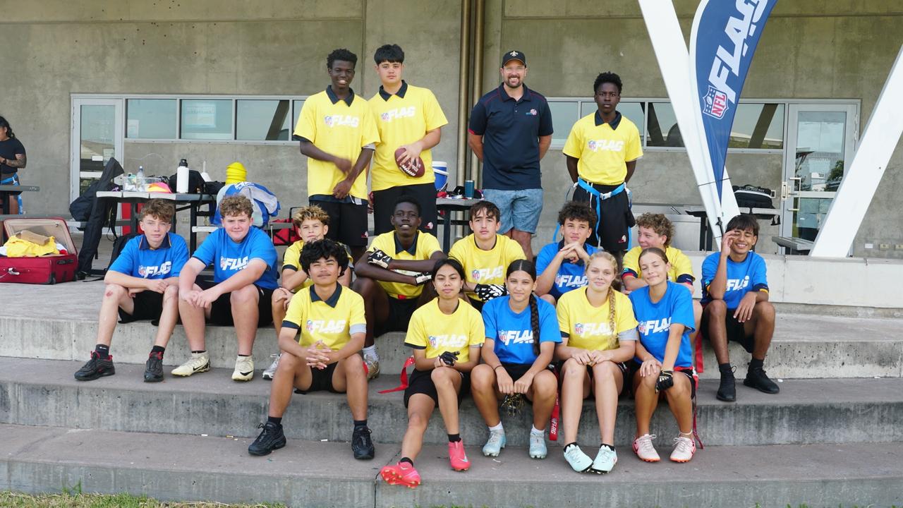 Darwin Middle School students playing Flag Football against United States Marines at DMS, 19 May 2025. Picture: Jason McIntosh