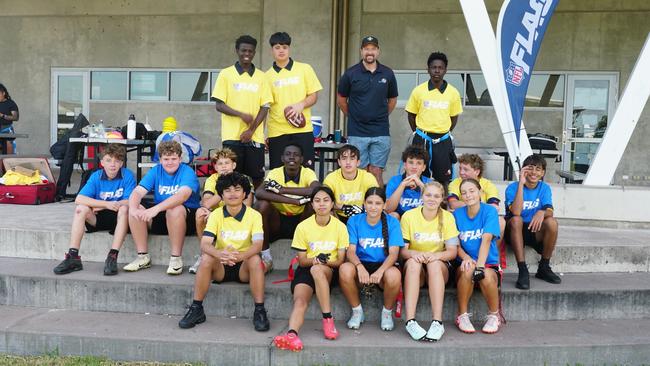 Darwin Middle School students playing Flag Football against United States Marines at DMS, 19 May 2025. Picture: Jason McIntosh