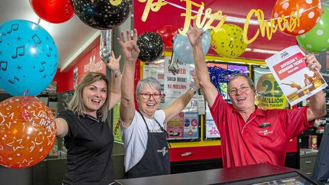 CELEBRATE: Laidley NewsXpress' team Rebecca McGrath, Vak Weier and Ben Faber celebrate selling a $1 million lotto ticket. Picture: Dominic Elsome