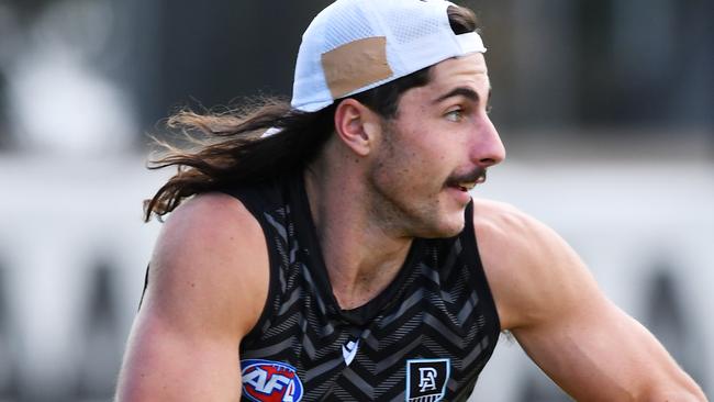 ADELAIDE, AUSTRALIA - APRIL 16: Lachlan Jones of Port Adelaide during a Port Power AFL training session at Alberton Oval on April 16, 2021 in Adelaide, Australia. (Photo by Mark Brake/Getty Images)