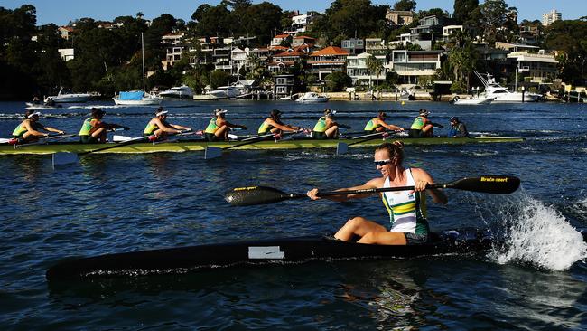 Australian paddler Jo Brigden-Jones races the Australian Womens eight. Pic Brett Costello