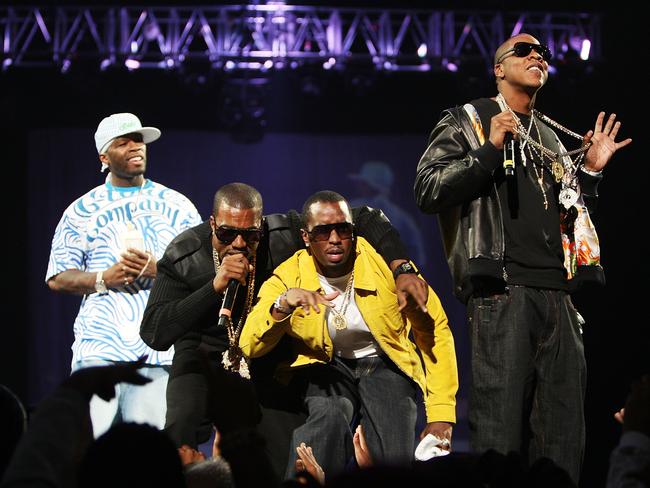 50 Cent, Kanye West, Sean “Diddy” Combs, and Jay Z in 2007. West has said the jailed mogul, Combs, should be freed from jail. Picture: Getty Images