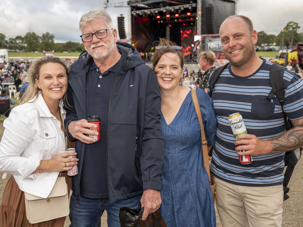 (from left) Alex Thompson, Peter Mouatt, Tamasin Loch and Mark Schultz at Meatstock, Toowoomba Showgrounds. Saturday, April 9, 2022. Picture: Nev Madsen.