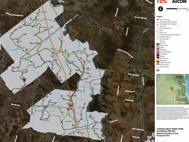 The Tarong West wind farm project layout and design. The site is located in Ironpot, 30km west of Kingaroy and 8km northwest of Kumbia. Source: RES