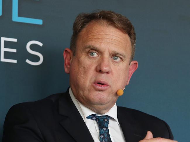 8/11/23: Darren Davidson with the panel including, Geraldine Slattery, BHP Australia President and Dale Connor, Australian CEO of Lendlease at the BHP-TAUS Competitive Advantage Luncheon at Aria Restaurant. John Feder/The Australian.