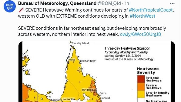 A severe heatwave warning continues for parts of North Tropical Coast, western QLD with EXTREME conditions developing in the North West. Picture: BOM