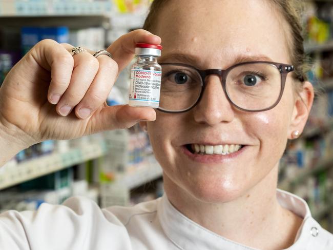 Pharmacist Manager Matilda Twist with Moderna Covid-19 vaccine. Picture: Richard Walker