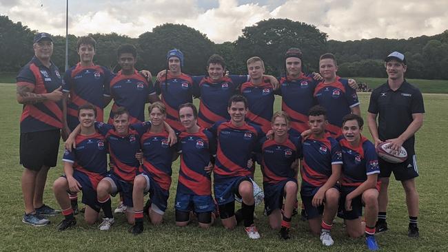 Kyle Hannant (front row, third from right) poses with the Hillcrest Christian College teammates after winning their opening game of the Super Schools Cup season, 5-0, over Miami SHS. Picture: Nic Darveniza