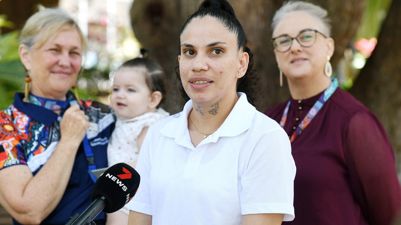 Single mother, Amy Hopkins at a press conference with Department Housing staff and her Rent Connect officer. They speak at a press conference. Picture: Shae Beplate.