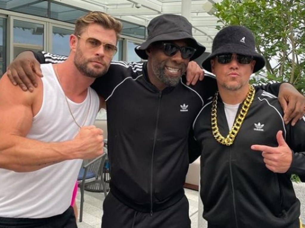 Chris Hemsworth, Idris Elba and Matt Damon at a party in Sydney in 2021. Picture: @chrishemsworth