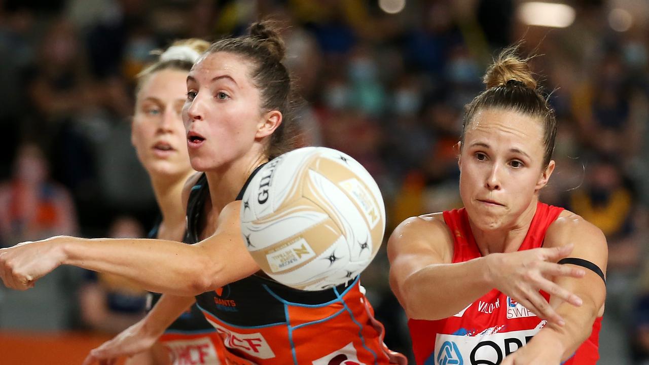 Amy Parmenter of the Giants and Paige Hadley of the Swifts clash during finals last season.