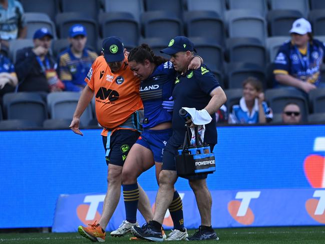 Kennedy Cherrington leaves the field injured in round six. Picture: NRL Photos