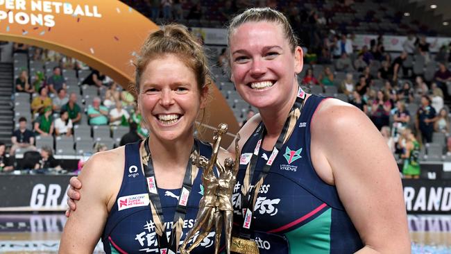 Retiring stars Tegan Philip (L) and Caitlin Thwaites (R) after the win. Picture: Bradley Kanaris/Getty