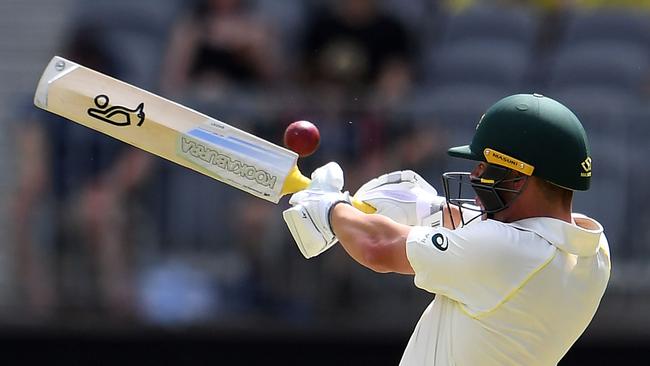 Marcus Harris edges the ball after being surprised by a Hanuma Vihari delivery. Picture: AFP