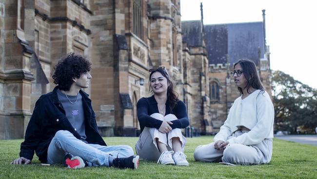 International students Vaastav Varma, Tamara Bruers and Aashna Kotwani at Sydney University. Picture: Nikki Short