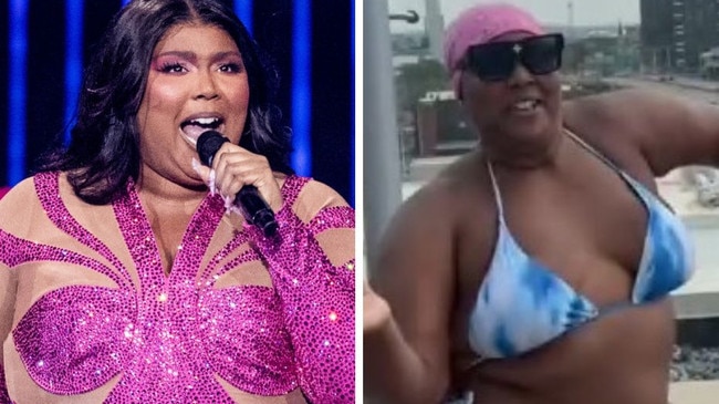 Lizzo dances in blue bikini on balcony. Picture: TikTok