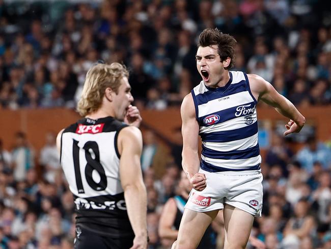 ADELAIDE, AUSTRALIA - SEPTEMBER 05: Shaun Mannagh of the Cats celebrates a goal during the 2024 AFL Second Qualifying Final match between the Port Adelaide Power and the Geelong Cats at Adelaide Oval on September 05, 2024 in Adelaide, Australia. (Photo by Michael Willson/AFL Photos via Getty Images)