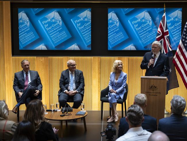 Kevin Rudd speaks as former Director of the CIA Mike Pompeo, former PM Scott Morrison and former presidential adviser Kellyanne Conway look on. Picture: Samuel Corum