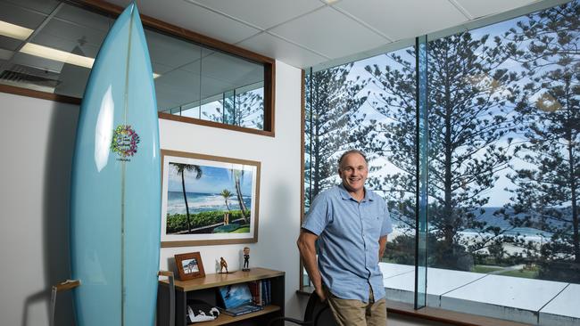 World Surf League Asia Pacific boss Andrew Stark in his Gold Coast office. Picture: Mark Cranitch