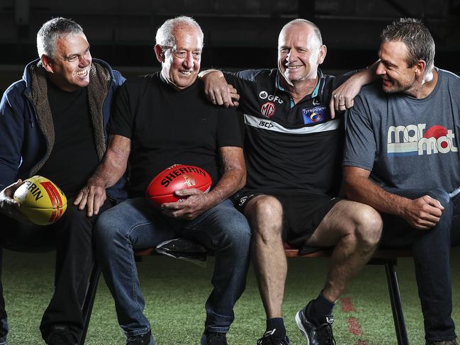 AFL - Port Adelaide Training at Alberton Oval. Current and Former PAFC coaches - Mark Williams, John Cahill, Current senior coach Ken Hinkley and Matthew Primus. Picture SARAH REED