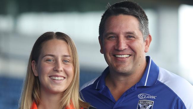 Bulldogs boss Steve Price with his daughter GWS Giant Jamie-Lee Price at Belmore Oval, Sydney. Picture: Brett Costello