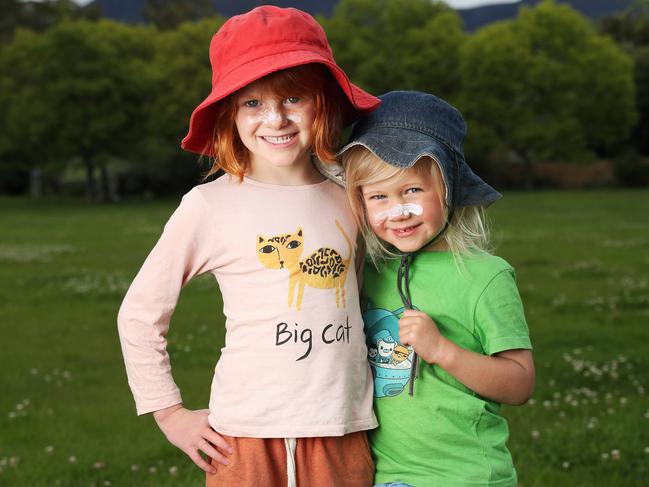 Goldie Nuto, 5, and Alfie Wessing, 4, show off their sun smarts with hats and sunscreen ahead of summer. Picture: Nikki Davis-Jones