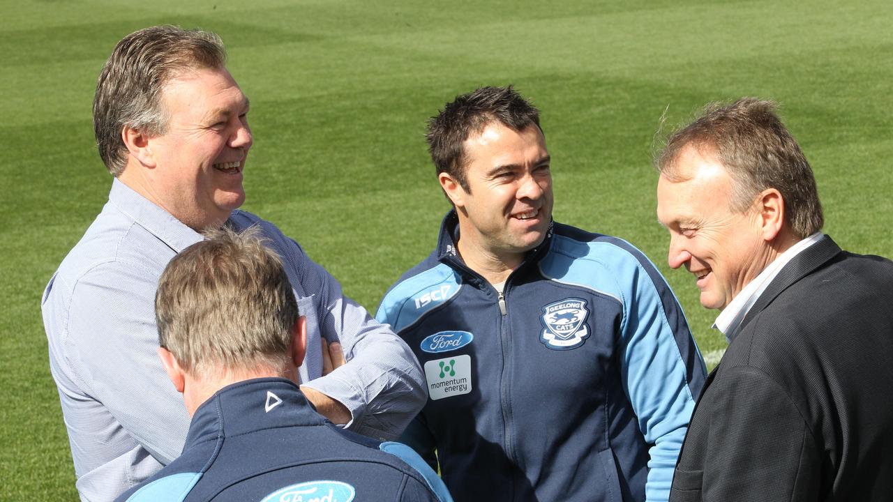 Neil Balme and Brian Cook with Chris Scott after his appointment in the top job in 2010.