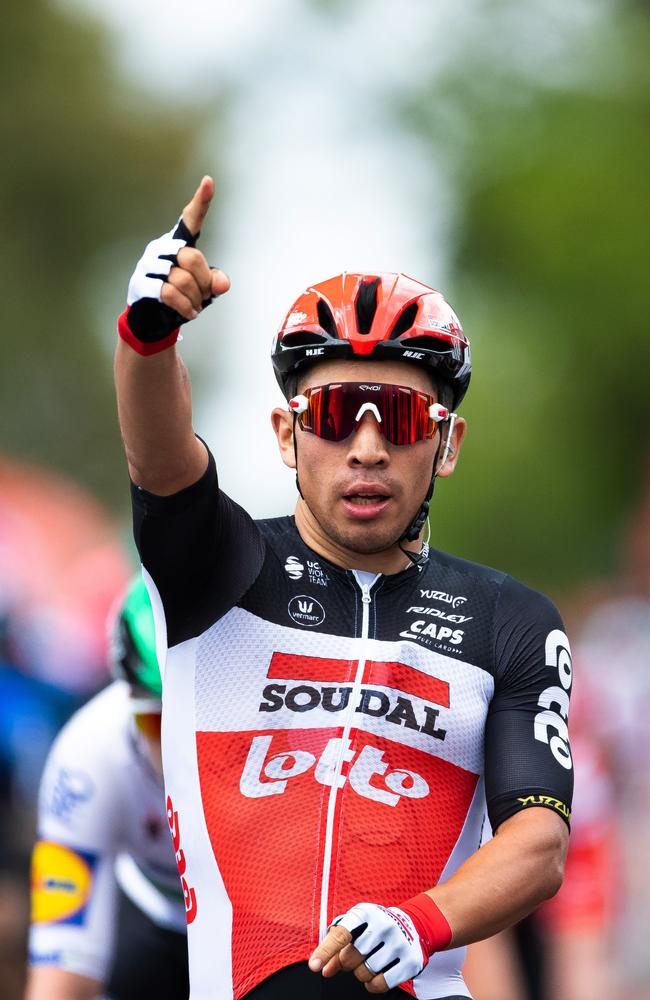 Caleb Ewan has made Adelaide his own the past few years by dominating the sprint stages at the Tour Down Under. Picture: Daniel Kalisz (Getty).